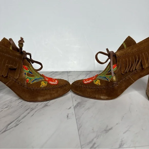 Tory Burch Huntington Fringe Brown Suede Beaded Bootie 5 1/2 M